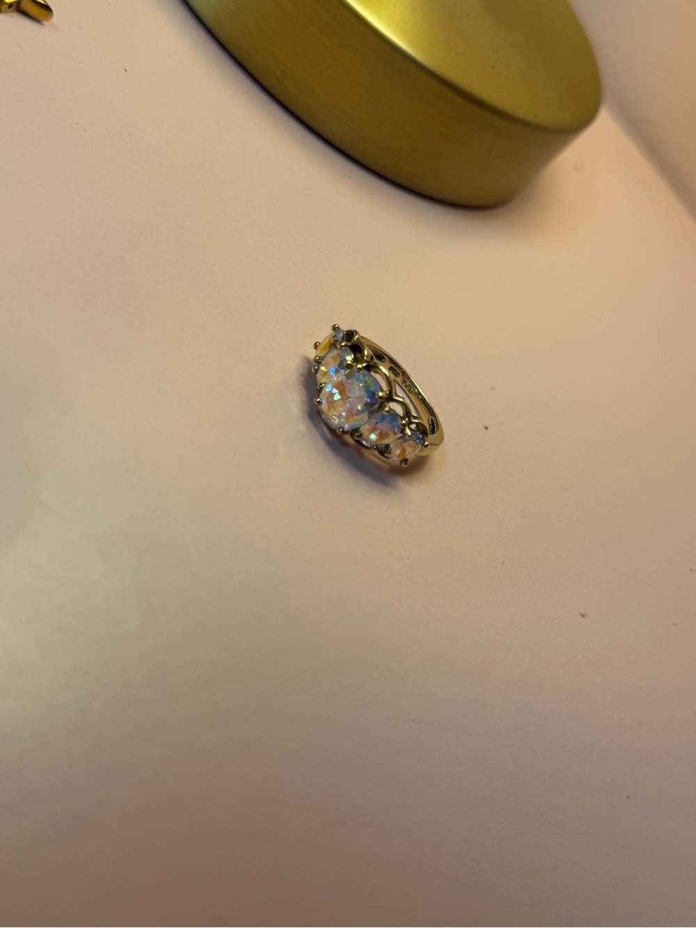 Gold Three-Stone Opal Ring - Iridescent White Opal Accent
